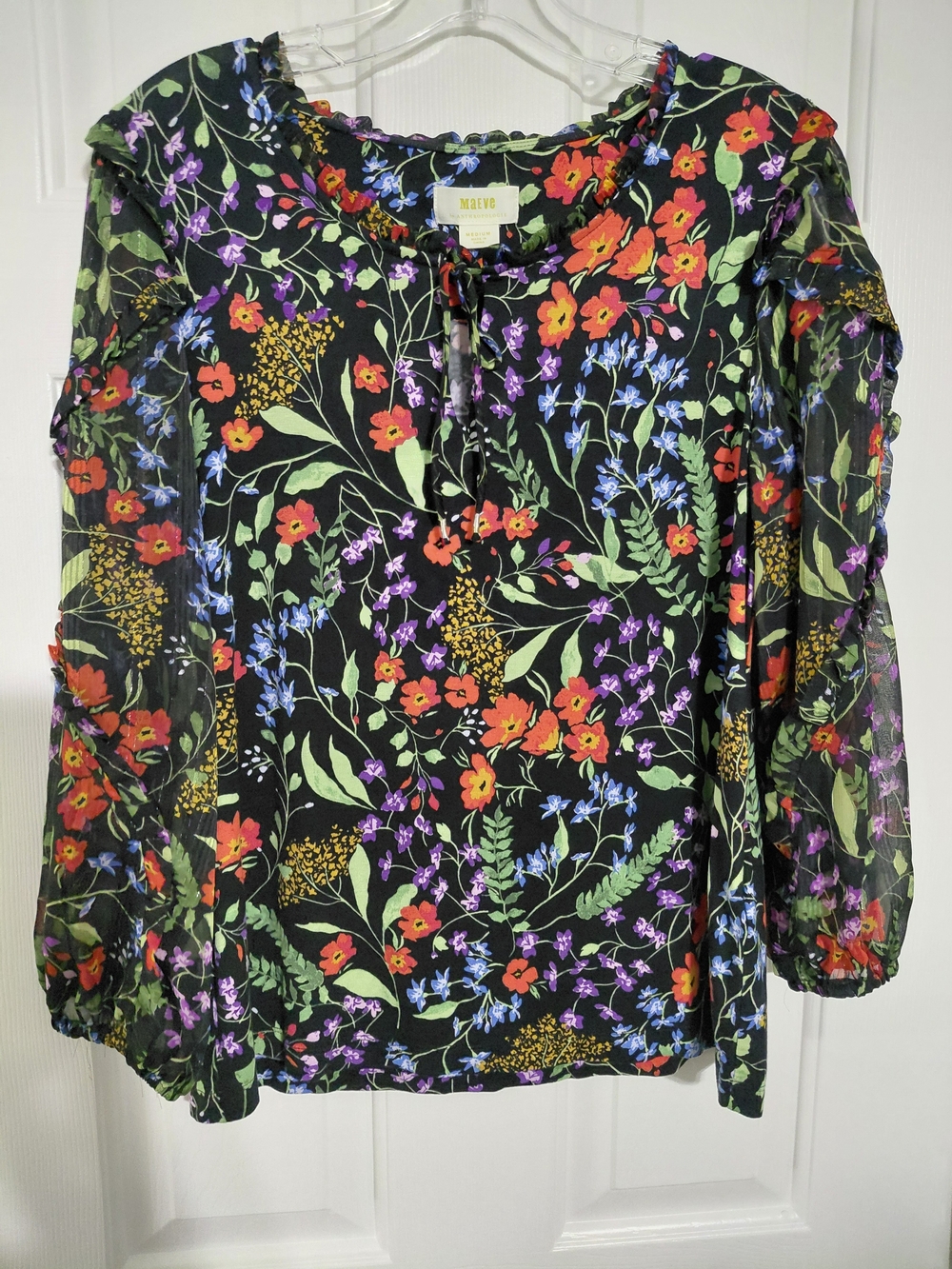Maeve Black Floral Tie-Neck Blouse
